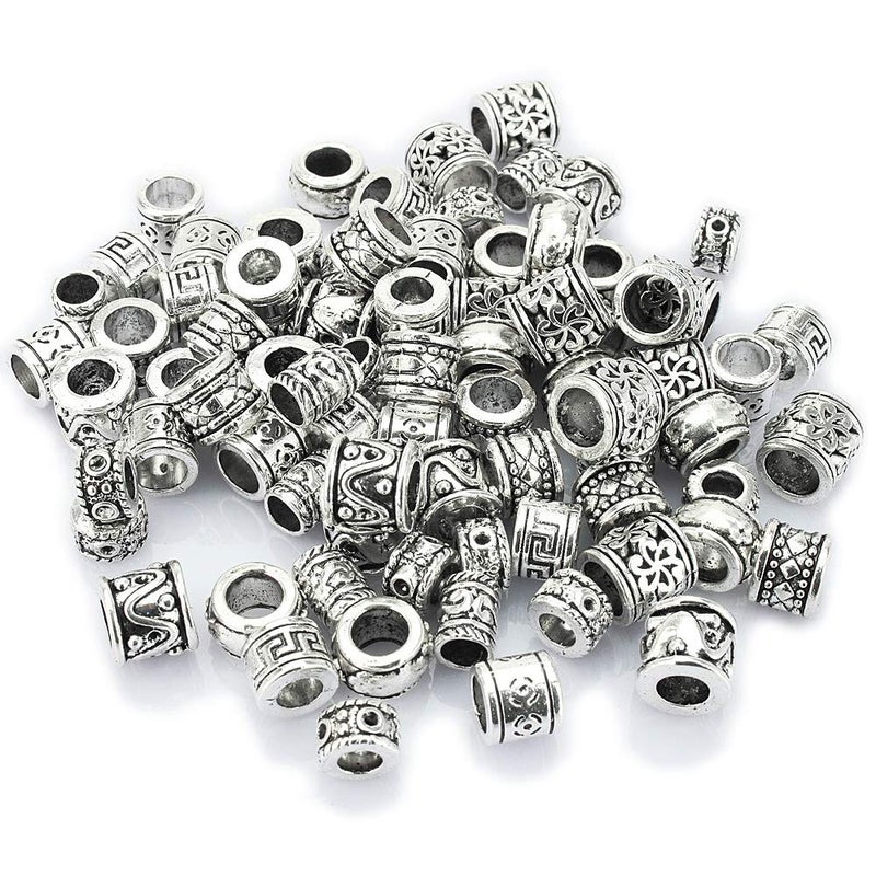 LolliBeads (TM) Antiqued Silver Tone Bracelet Jewelry Marking Large Hole Spacer Beads Round Tube Charm Beads (80pcs) - Image 1